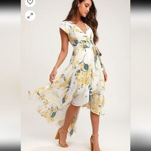 Lulu's French Countryside White and Yellow Floral Print High-Low Dress